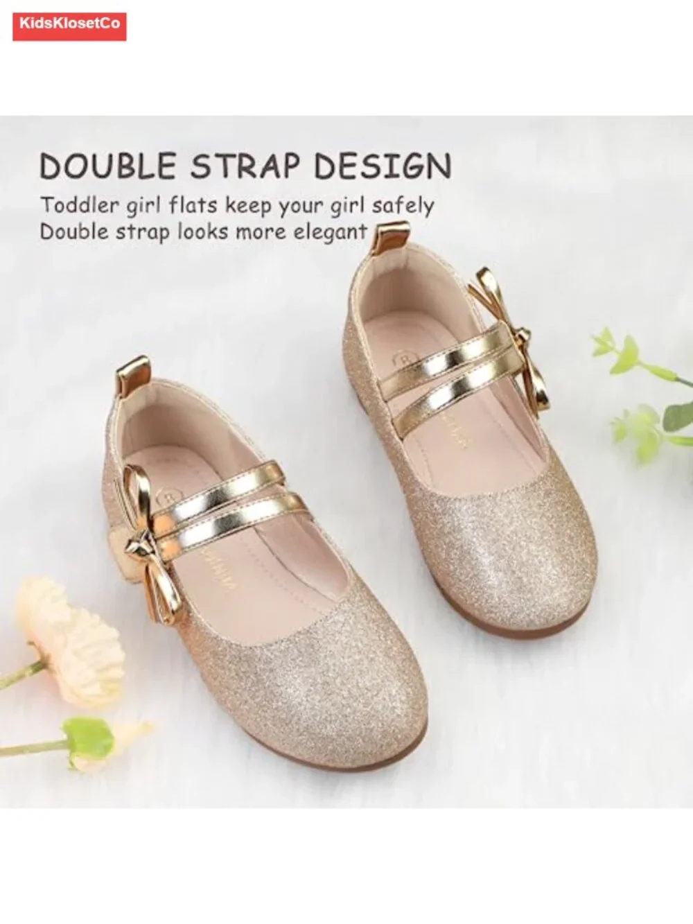 Girls Mary Jane Ballet Flats Double Strap Bow Round Toe Hook Loop Dress Shoes